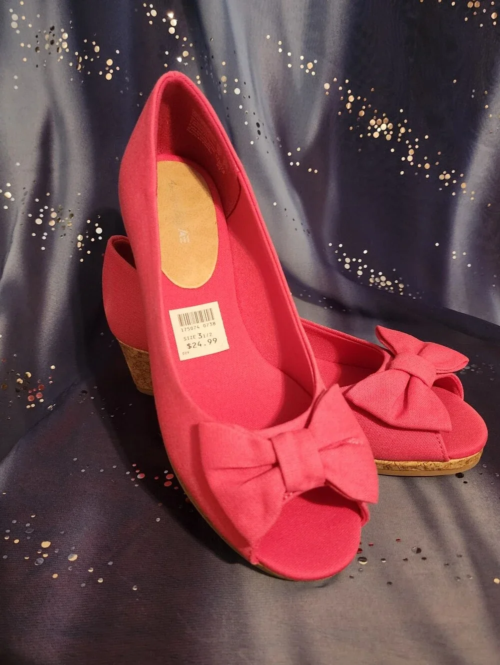 Girls Pink Bow Peep-Toe Wedge Flats  size 3 1/2